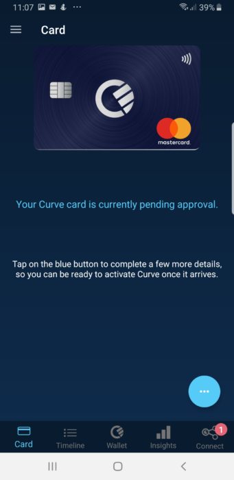 Curve card čeká na dokončen procesu registrace v aplikaci